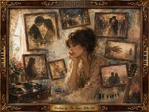 A wistful young woman sits surrounded by faded framed memories of romance, dancing, city nights, and quiet departures. Warm sepia, amber, dusty blue, and rose tones glow beneath soft window light. Layered oil, acrylic, and watercolor textures create nostalgic melancholy, framed by ornate rosewood, gold inlay, instruments, and vintage music details.