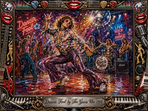A flamboyant dancer commands a vibrant 1970s club floor while a live rock band performs behind him beneath a glittering disco ball. Saturated reds, purples, blues, and golds glow under dramatic stage lighting. Energetic acrylic-style brushwork, neon signs, confetti, instruments, and an ornate music-themed frame create playful, exuberant motion.