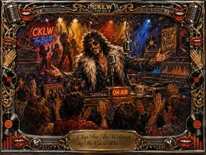A charismatic wolfman-style radio host commands a lively 1970s rock broadcast, surrounded by microphones, turntables, amplifiers, vinyl records, and cheering hands. Fiery reds, amber golds, and electric blues glow beneath dramatic stage lights. Rich painterly textures, neon accents, ornate chrome-and-gold framing, and a brass title plate create exuberant vintage energy.