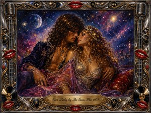 A glamorous 1970s couple reclines closely beneath a radiant cosmic sky, surrounded by stars, violet nebulae, and golden light. Rich oil, acrylic, and watercolor textures create a dreamy, romantic mood. An ornate chrome-and-gold musical frame features red lips, guitar picks, microphones, vinyl motifs, and an engraved title plate.