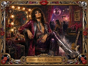 A flamboyant 1970s glam-rock star lounges confidently in a theatrical dressing room, surrounded by mirrors, stage lights, guitars, records, and smoky nightclub atmosphere. Rich burgundy, gold, black, and chrome tones shimmer under warm bulbs and purple reflections. Detailed painterly textures, extravagant clothing, platform boots, and ornate framing create decadent vintage drama.