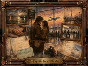 A nostalgic airport farewell unfolds in a richly layered vintage collage, where a young couple embraces beneath a glowing sunset as a jet departs beyond the terminal windows. Warm amber, sepia, rose, and smoky blue tones blend through oil, acrylic, and watercolor textures, surrounded by aged postcards, tickets, memories, and ornate musical framing.