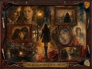 A solitary woman walks through a rain-slicked 1970s city night, surrounded by fading portraits, romantic memories, and a shadowed vintage car. Warm amber streetlights contrast with deep browns, black, gold, and muted blue. Painterly textures, rosewood frames, guitar strings, picks, roses, and an engraved title plate create nostalgic melancholy.