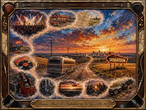 A vintage tour bus races along a prairie highway toward glowing Saskatoon beneath a fiery orange and deep blue sunset. Feathered memory scenes curve through the composition, recalling concerts, diners, motels, records, guitars, and campfires. Rich acrylic textures, warm nostalgic lighting, and an ornate music-themed frame evoke restless travel, homecoming, and classic rock adventure.