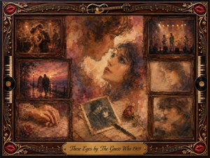 A wistful romantic collage surrounds a softly painted woman gazing upward through warm amber light, framed by faded scenes of dancing lovers, concerts, clasped hands, photographs, roses, and handwritten memories. Rich rosewood, gold ornament, piano keys, records, and musical motifs create a nostalgic, tender atmosphere in layered oil-and-watercolor textures.