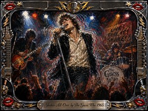 A feverish 1960s rock performance erupts beneath smoky stage lights, with a passionate singer gripping the microphone as vibrating brushstrokes suggest physical tremors. Deep blues, fiery reds, gold, and chrome energize the oil-painted scene, framed by guitars, records, red lips, lightning motifs, and a polished engraved title plate.