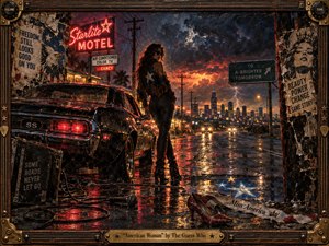 A defiant woman stands beside a black muscle car on a rain-slicked highway beneath a violent storm, neon motel lights glowing behind her and a distant city burning with sunset color. Gritty red, blue, black, and gold tones, reflective pavement, torn patriotic imagery, scattered music gear, and an ornate vintage frame create rebellious cinematic intensity.