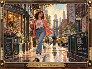 A joyful woman strides through a sunlit city street after rain, surrounded by flower stalls, record shops, taxis, and glowing reflections. Warm gold, coral, blue, and amber tones create an upbeat, romantic mood. Painterly textures, lively urban details, and a vintage musical frame reinforce the songs exuberant energy.