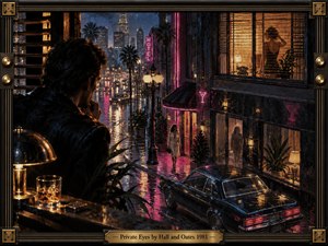 A solitary man watches a rain-soaked neon street from a shadowed hotel room as a woman walks below and another figure stands behind blinds. Deep blacks, amber interiors, electric pink reflections, and wet pavement create tense nocturnal intrigue. Painterly realism, cinematic lighting, vintage cars, and an ornate metallic frame evoke stylish 1980s surveillance noir.