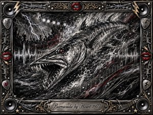A fierce barracuda surges through storm-tossed water, jaws open beneath flashes of lightning and distant concert silhouettes. Deep charcoal textures, silver highlights, black shadows, and restrained crimson accents create a raw, aggressive mood. An ornate chrome-and-gold rock frame features speakers, guitar picks, barbed wire, red lips, and the engraved title plate.