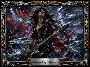 A fierce female guitarist commands a storm-tossed ocean as sleek barracudas circle through crashing waves and lightning. Deep blues, black, silver, and blood-red accents create a dangerous, rebellious mood. Thick expressive paint textures, dramatic highlights, and a chrome-and-gold musical frame give the scene raw 1970s rock intensity.