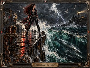 A defiant female rocker stands on a rain-slick pier as violent teal waves crash beneath a lightning-filled sky. A sleek barracuda surges through the water, while a distant lighthouse glows amber. Thick oil-like textures, crimson reflections, black leather, rusted chains, and a metallic guitar-inspired frame create a fierce, storm-charged atmosphere.