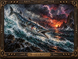A fierce silver barracuda surges through crashing teal waves beneath a lightning-filled crimson sky. Jagged coastal cliffs frame a fiery sunset, while dramatic oil brushwork captures explosive motion and raw aggression. An ornate bronze and dark wood frame features guitar-inspired details, metallic spikes, and an engraved title plate.