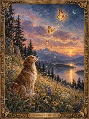 A golden-brown dog gazes at glowing butterflies drifting above a wildflower meadow overlooking a tranquil mountain lake. Amber sunset light illuminates distant peaks beneath lavender clouds and a crescent moon. Rich watercolor textures, delicate botanical details, and an ornate carved wooden frame create a tender, nostalgic atmosphere of wonder and freedom.