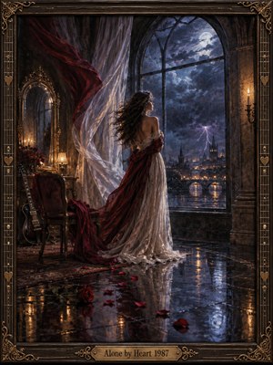 A solitary woman in an ivory gown and crimson shawl gazes through a towering window toward a stormy, moonlit city. Billowing curtains, scattered rose petals, and a resting guitar evoke romantic longing. Rich midnight blues contrast with warm golden lamplight in this dramatic oil painting, surrounded by ornate bronze-trimmed wood.