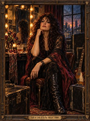 A confident, contemplative woman sits in a vintage backstage dressing room, surrounded by glowing vanity bulbs, crimson roses, worn instrument cases, and an electric guitar. Warm amber light contrasts with a dusky blue city skyline. Rich oil-painted textures, dramatic shadows, and an ornate bronze frame evoke soulful honesty and resilience.