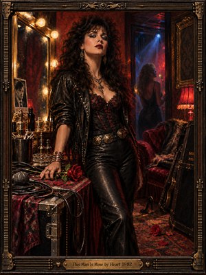 A confident, dark-haired woman in black leather commands a lavish backstage dressing room, her hand resting beside a red rose and microphone. Golden vanity lights illuminate crimson velvet, scattered petals, and mysterious reflections. A shadowy figure stands beneath blue stage lighting. Rich oil-painted textures and ornate guitar-inspired framing intensify the romantic tension.
