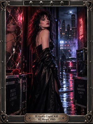 A defiant woman in black leather turns beneath crimson neon in a rain-soaked city alley, her reflection fractured across shattered glass. Blue moonlight, drifting mist, and gleaming pavement deepen the danger. Cinematic 1980s photography captures seductive tension, while a chrome guitar-inspired frame and engraved title plate complete the scene.