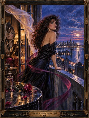 A windswept woman in a black gown overlooks a glittering waterfront city beneath violet clouds and moonlight. Warm amber interiors contrast with cobalt shadows, while a shattered mirror, fallen rose, and swirling magenta ribbon evoke romantic longing. Rich oil painting textures and an ornate bronze frame complete the atmospheric composition.