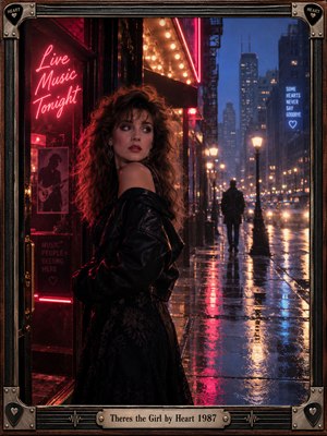 A glamorous woman with flowing auburn hair glances back outside a neon-lit nightclub on a rain-soaked city street. Crimson and blue reflections shimmer across wet pavement as a distant figure walks away. Cinematic 1980s photography captures romantic longing and mystery, enclosed within an ornate guitar-inspired metallic frame.