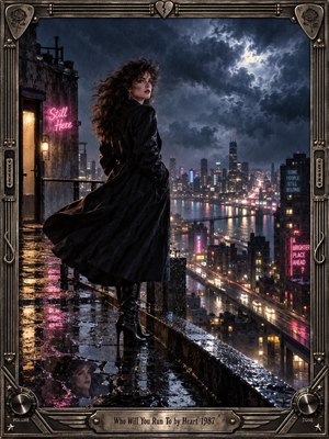 A windswept woman in a black coat stands on a rain-soaked rooftop above a glowing city, her reflection fractured in puddles. Midnight blue storm clouds loom over pink neon and amber streetlights, creating an atmosphere of longing and uncertainty. Cinematic 1980s photography is enclosed within an ornate, guitar-inspired metal frame.
