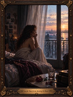 A contemplative woman sits wrapped in ivory sheets, gazing through rain-speckled windows toward a golden sunrise over a distant city. Cinematic photography blends cool blue shadows with warm amber light. Rumpled bedding, a guitar, candlelight, and a fallen rose evoke romantic uncertainty, enclosed within an ornate bronze and carved wood frame.
