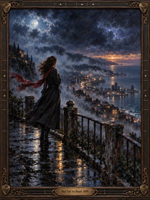 A solitary woman in a dark coat and windblown crimson scarf overlooks a misty coastal city from a rain-slick terrace. Moonlight breaks through storm clouds above winding amber streets and distant water. Rich, painterly blues and golds convey longing and fragile hope, enclosed by an ornate bronze and wood frame.