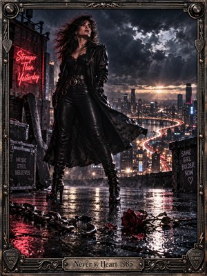 A defiant woman in black leather stands on a rain-soaked rooftop overlooking a glowing city. Storm clouds part above her as crimson neon illuminates wet pavement. Broken chains and a fallen rose symbolize heartbreak and resilience. Dramatic cinematic photography captures the rebellious 1980s atmosphere within an ornate metallic rock-inspired frame.