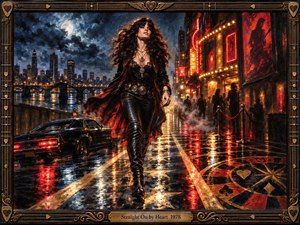 A confident woman in black leather strides through a rain-soaked city, her crimson-lined coat billowing. Moonlit towers and a riverside bridge contrast with glowing red nightclub lights reflected across wet pavement. Rich oil-paint textures, dramatic shadows, golden highlights, and an ornate bronze guitar-inspired frame evoke fearless 1970s rock energy.