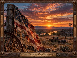 A tattered American flag hangs from a weathered fence above an abandoned wagon wheel, overlooking a rural valley at sunset. A rusted truck, barn, and windmill evoke fading frontier traditions. Fiery orange skies illuminate distant mountains and a winding river. Cinematic realism and an ornate Western frame create nostalgic, rugged beauty.