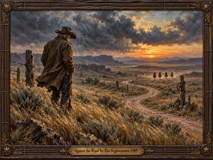 A weathered cowboy overlooks a windswept prairie as four distant riders travel beneath stormy skies. A winding dirt road leads toward glowing amber sunset light, framed by rugged mountains and golden grasses. Rich oil brushwork creates nostalgic solitude, while an ornate wooden frame with bronze stars and guitar strings completes the scene.