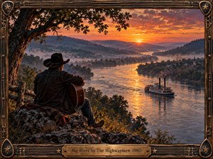 A lone cowboy holding a guitar overlooks a winding river at sunset as a steamboat glides through golden reflections. Misty hills, distant villages, and fiery orange skies create a nostalgic, contemplative atmosphere. Rich painterly realism captures the rugged landscape, framed by weathered wood, guitar strings, brass accents, and an engraved title plate.