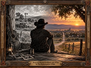A solitary cowboy overlooks a sweeping rural valley where a grayscale past meets a golden sunset. Weathered farm buildings, an old truck, and distant mountains evoke hardship and reflection. Rich cinematic lighting illuminates a winding road, while vintage guitars, photographs, and an ornate wooden frame reinforce the nostalgic atmosphere.