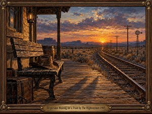 An empty frontier station faces a glowing desert sunset, where winding railway tracks vanish among distant mesas. A battered cowboy hat rests on a weathered bench beside an old suitcase. Expressive oil brushwork, amber light, violet clouds, and an ornate wooden frame evoke nostalgia, loneliness, and quiet anticipation.