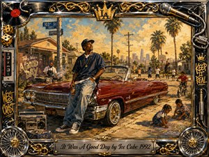 A relaxed young man leans beside a gleaming red lowrider on a sunlit Los Angeles neighborhood street, surrounded by basketball, grilling, bicycles, and children drawing with chalk. Warm golds, dusty blues, chrome, and deep reds create a nostalgic, easygoing mood, framed by ornate hip-hop motifs in richly textured painterly style.