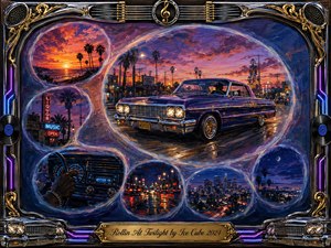 A gleaming lowrider cruises through a West Coast city at twilight, surrounded by feathered memory bubbles showing sunsets, neon streets, a glowing dashboard, traffic lights, and skyline views. Rich acrylic textures blend violet, cobalt, orange, and gold beneath cinematic lighting, while an ornate chrome-and-gold music-themed frame adds nostalgic urban elegance.