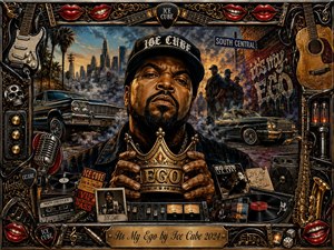A richly detailed, dramatic portrait centers Ice Cube holding a jeweled EGO crown against a smoky Los Angeles street scene filled with lowriders, graffiti, palm trees, and urban silhouettes. Deep blacks, metallic golds, crimson reds, and warm amber light create a powerful mood, blending hyper-realistic painting with ornate album-art collage aesthetics.