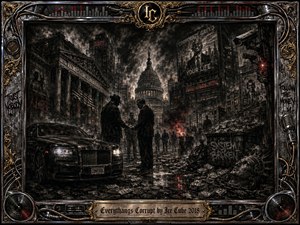 A bleak charcoal cityscape portrays corruption through shadowy figures exchanging money beneath looming government and corporate towers. Scattered cash, surveillance cameras, graffiti, a luxury car, and burning debris intensify the distrustful mood. Deep blacks, smoky grays, and muted red highlights create dramatic noir lighting, framed by ornate chrome, gold, and musical details.