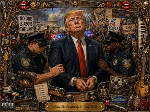 A dramatic painted collage depicts a stern president figure being handcuffed before the U.S. Capitol amid a tense street protest. Crowds, raised fists, police lights, and bold justice signs create an urgent mood. Deep blacks, reds, golds, and blues dominate, framed by ornate music-themed details, instruments, skulls, vinyl, and a bronze engraved title plaque.