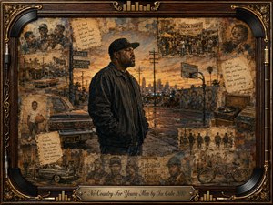A reflective middle-aged man stands on a weathered Los Angeles street at sunset, surrounded by faded memories of youth, lowriders, basketball courts, block parties, and neighborhood life. Warm sepia, rust, gold, and smoky blue tones blend through textured mixed-media painting, framed by ornate rosewood, gold, vinyl, and musical details.