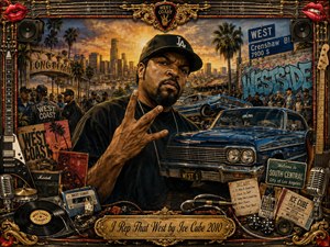 A richly detailed West Coast hip-hop scene places Ice Cube at center, posed before a glowing Los Angeles skyline, palm trees, graffiti, and polished lowriders. Warm sunset golds, deep blues, blacks, and chrome create a bold cinematic mood. The ornate musical frame features guitars, records, microphones, speakers, and memorabilia, with a prominent engraved title plate below.