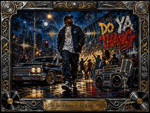 A confident street figure strides through a lively nighttime neighborhood as dancers, a gleaming lowrider, boombox, and vintage microphone surround him. Deep blues, black, gold, red, and chrome glow beneath amber streetlights. Energetic acrylic textures, graffiti, sound waves, wet pavement reflections, and an ornate music-themed frame create bold urban swagger.