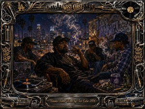 A richly textured oil-paint scene shows four men relaxing on a smoky Los Angeles rooftop at night, framed by glowing city lights, palm silhouettes, graffiti, a turntable, and lowrider details. Deep blues, amber gold, and silvery haze create a laid-back, rebellious mood within an ornate chrome-and-gold music-themed frame.