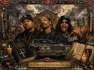 A dramatic, richly textured painting portrays three hip-hop figures standing before a grand church beneath stormy golden clouds and radiant sunlight. A gleaming West Coast lowrider dominates the foreground, surrounded by Bibles, candles, doves, stained glass, and cannabis leaves. Ornate gold-and-chrome musical elements frame the scene, creating a theatrical, rebellious, spiritual atmosphere.