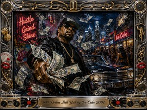 A confident figure commands a neon-lit city night, scattering hundred-dollar bills beside a gleaming black lowrider and lively street crowd. Rich blues, blacks, reds, greens, and golds glow under dramatic nightlife lighting. Thick acrylic-style textures add energy, while an ornate chrome-and-gold music-themed frame and engraved title plate complete the bold composition.