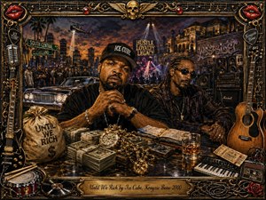 A richly textured hip-hop tableau portrays Ice Cube and Krayzie Bone amid stacks of cash, vintage cars, towering speakers, guitars, and a glowing nighttime cityscape. Deep charcoal blacks, bronze, crimson, and gold create a dramatic, luxurious mood, while theatrical spotlights illuminate the figures. Ornate musical motifs and rosewood-inspired framing surround the painterly, nostalgic scene.