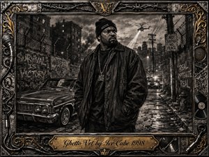 A hardened street survivor stands beneath a helicopter searchlight in a gritty inner-city alley, framed by a classic lowrider, graffiti walls, chain-link fences, and distant police lights. Deep charcoal blacks and smoky grays create a tense, defiant mood, while dramatic highlights, rough textures, and ornate chrome-gold framing evoke resilience and urban struggle.