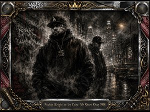 A gritty charcoal-inspired portrait shows two imposing figures moving through a rain-soaked urban alley at night. Deep blacks, smoky grays, muted golds, and flashes of red create a tense West Coast hip-hop atmosphere. Wet pavement reflects distant city lights, graffiti covers brick walls, while ornate chrome, chains, speakers, and musical details surround the composition.