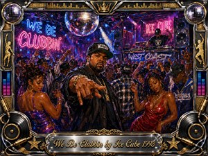 A vibrant late-night club scene pulses with West Coast hip-hop energy as a confident central figure commands the crowded dance floor. Neon pink, blue, purple, chrome, and gold glow beneath a disco ball and stage lights. Expressive oil-and-acrylic textures, dancers, speakers, vinyl motifs, and an ornate musical frame intensify the celebratory atmosphere.
