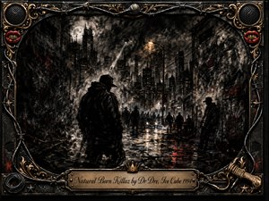 A shadowy figure stands in a rain-soaked urban alley, surrounded by distant silhouettes, looming buildings, and fractured reflections. Deep charcoal blacks, smoky grays, muted gold, and flashes of red create a menacing noir atmosphere. Harsh streetlights pierce the textured darkness, while an ornate metallic frame adds theatrical intensity.
